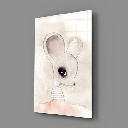Glass wall art displaying a watercolor illustration of a mouse with large ears, striped shirt, and pink skirt in profile view.