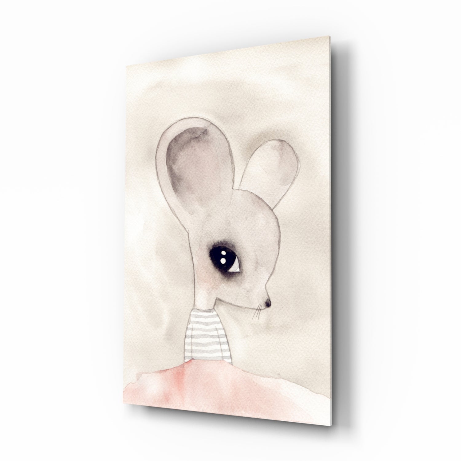 Glass wall art featuring a whimsical mouse illustration in profile with large ears, wearing a striped shirt, against a cream and soft pink background.