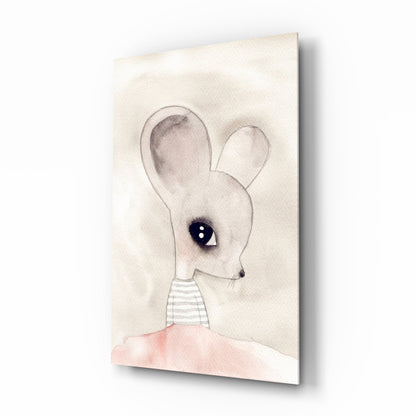 Glass wall art featuring a whimsical mouse illustration in profile with large ears, wearing a striped shirt, against a cream and soft pink background.