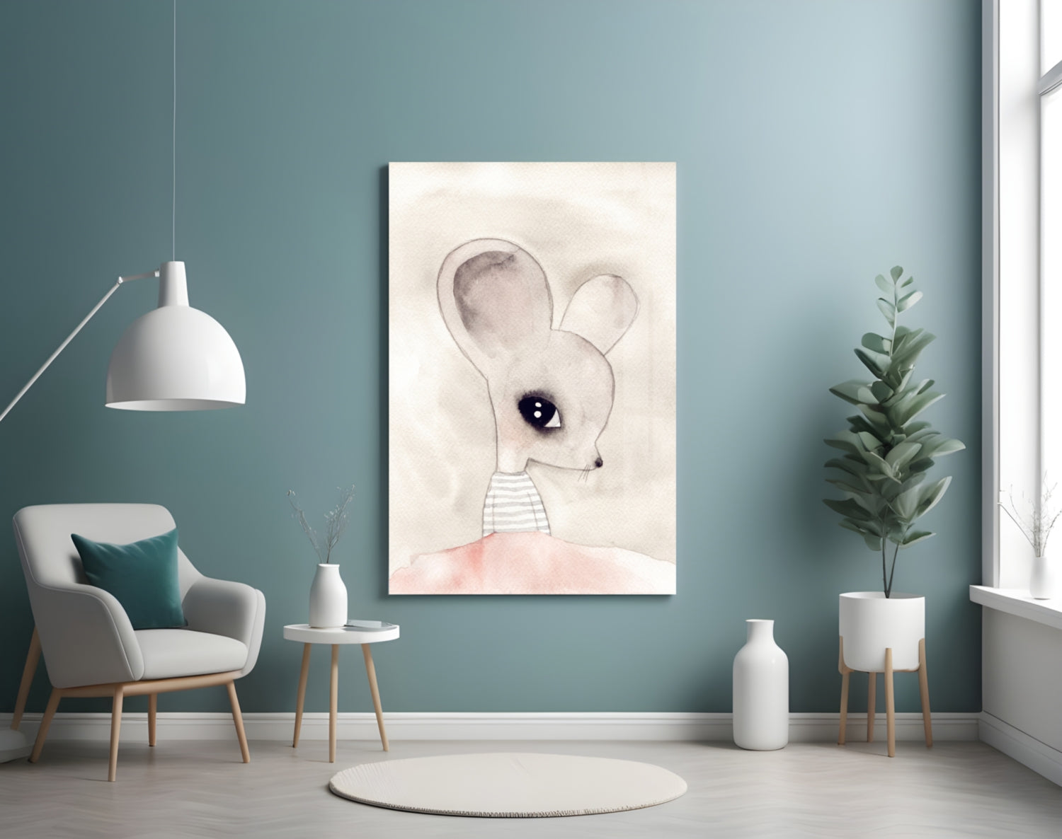 Cute mouse glass wall art displayed on a teal wall above a white chair in a minimalist interior setting.