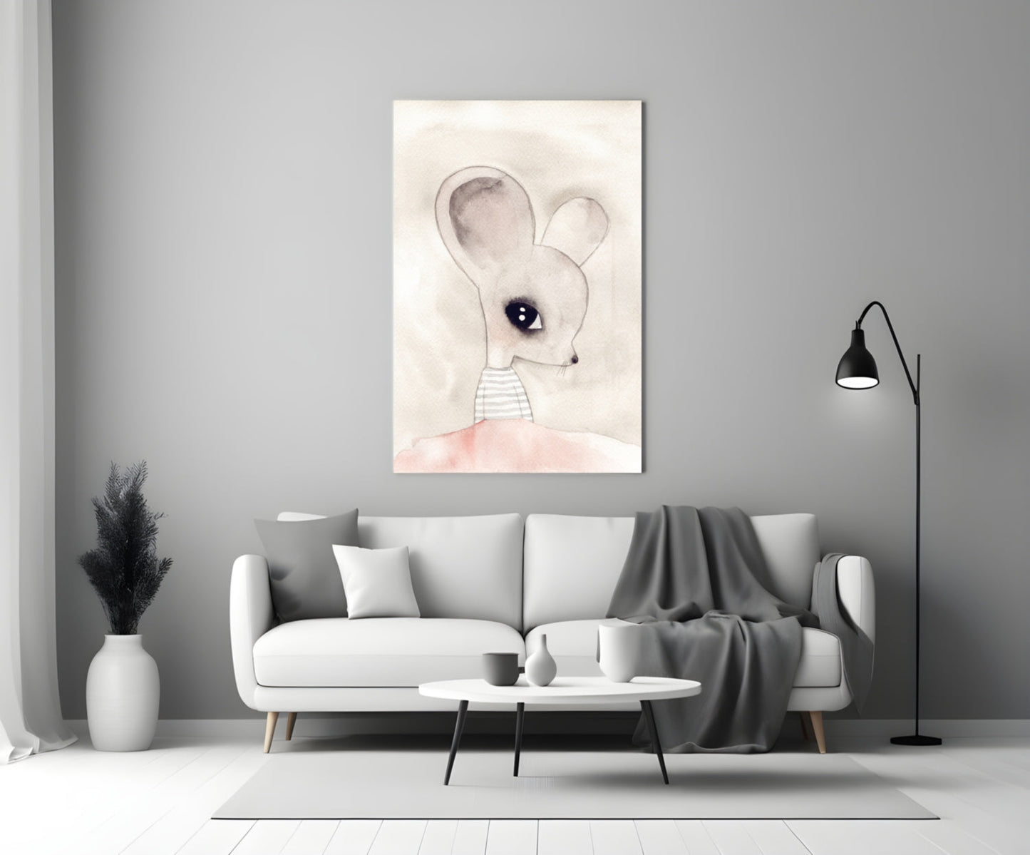 Cute Mouse Glass Wall Art displayed above a white sofa in a minimalist living room setting with gray accents.