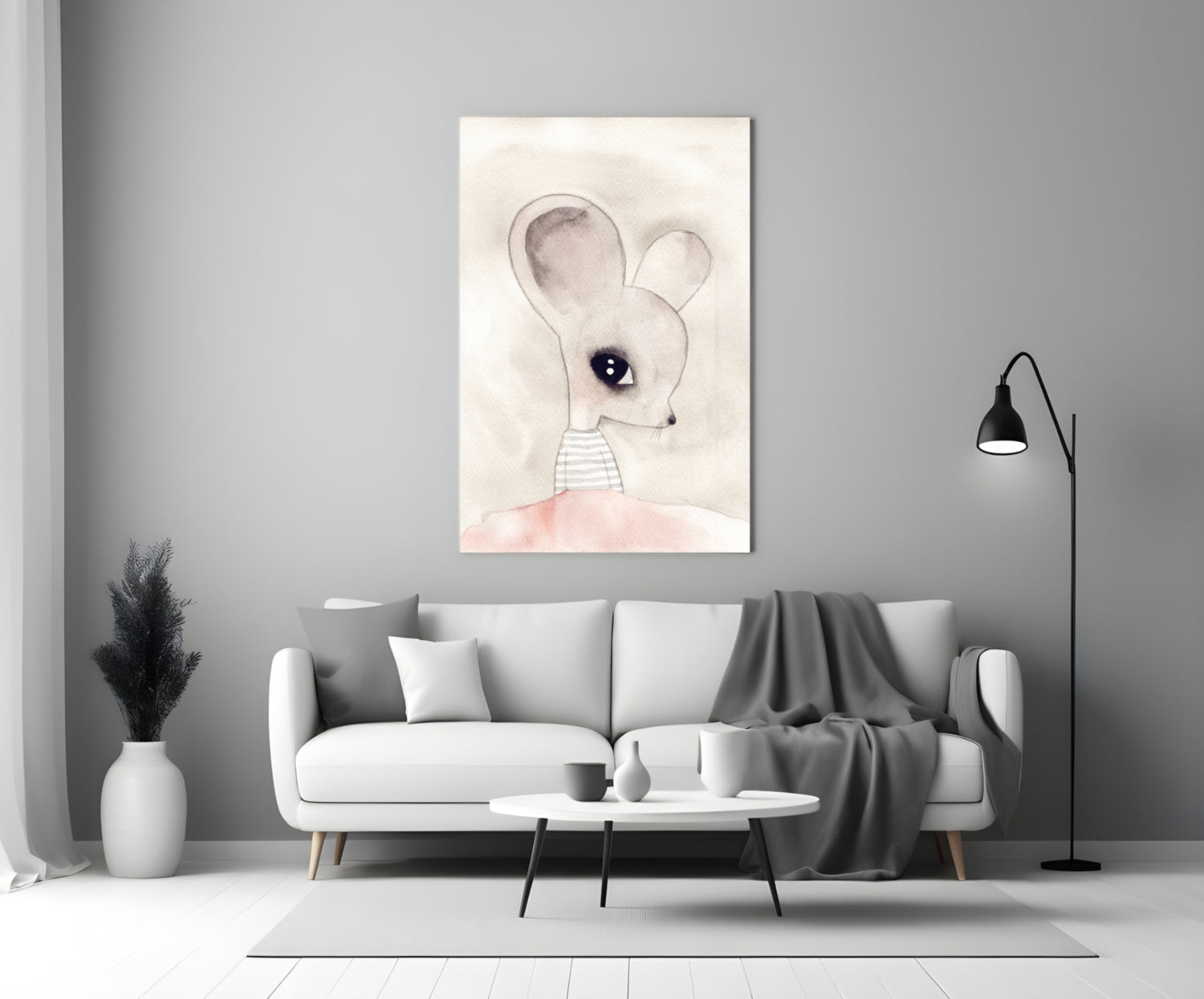 Cute Mouse Glass Wall Art displayed above a white sofa in a minimalist living room setting with gray accents.