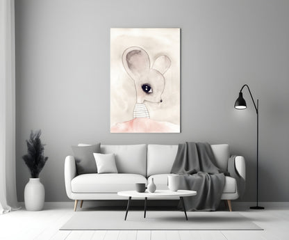 Cute Mouse Glass Wall Art displayed above a white sofa in a minimalist living room setting with gray accents.