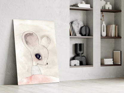Cute Mouse Glass Wall Art leaning against white wall beside shelving unit displaying books, vases, and decorative objects.
