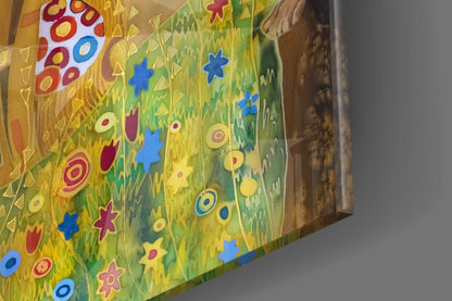 Colorful glass wall art detail showing yellow background with blue stars, red and pink flowers, and circular patterns in various colors.