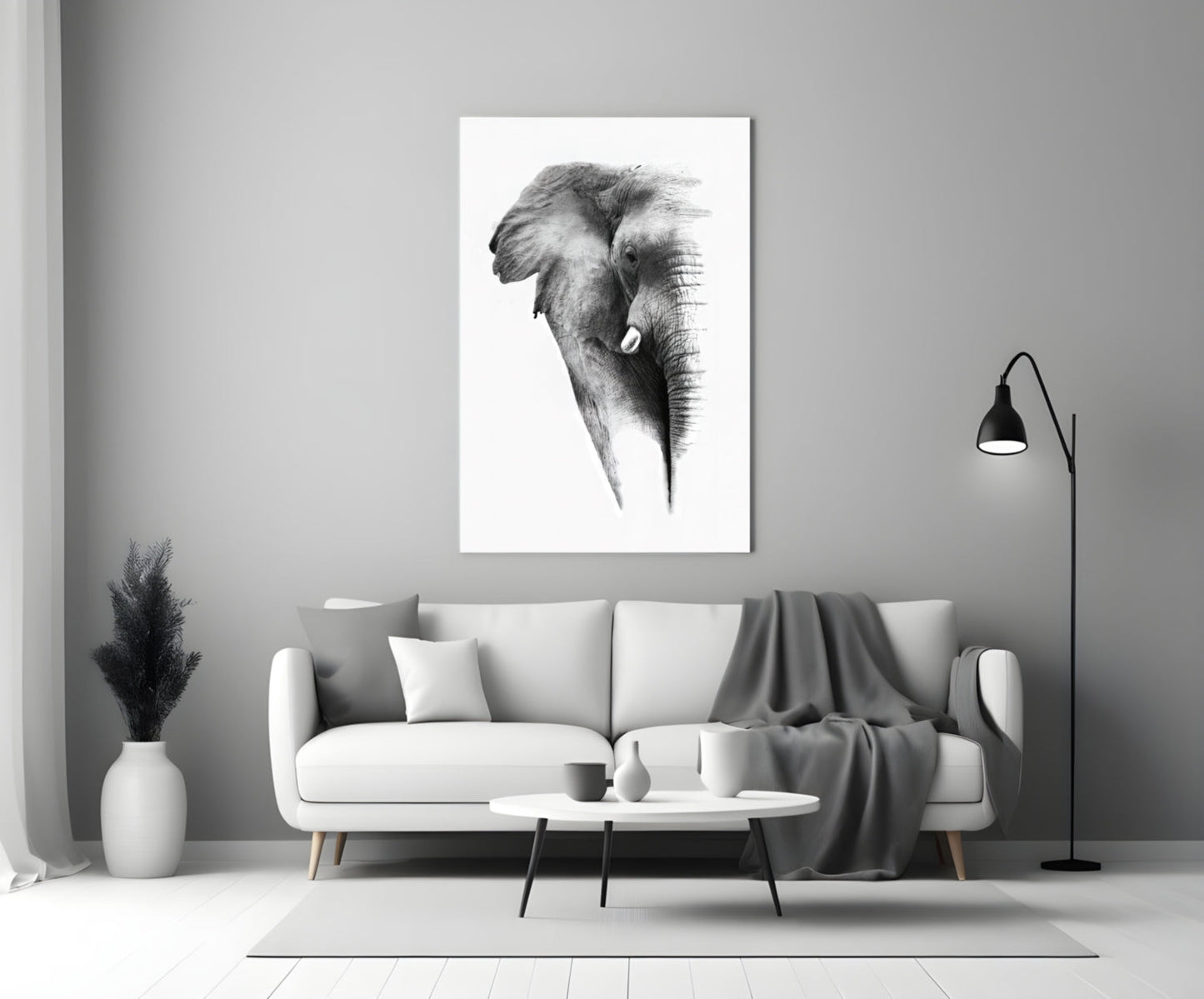Faded Grayscale Elephant Sketch Glass Wall Art