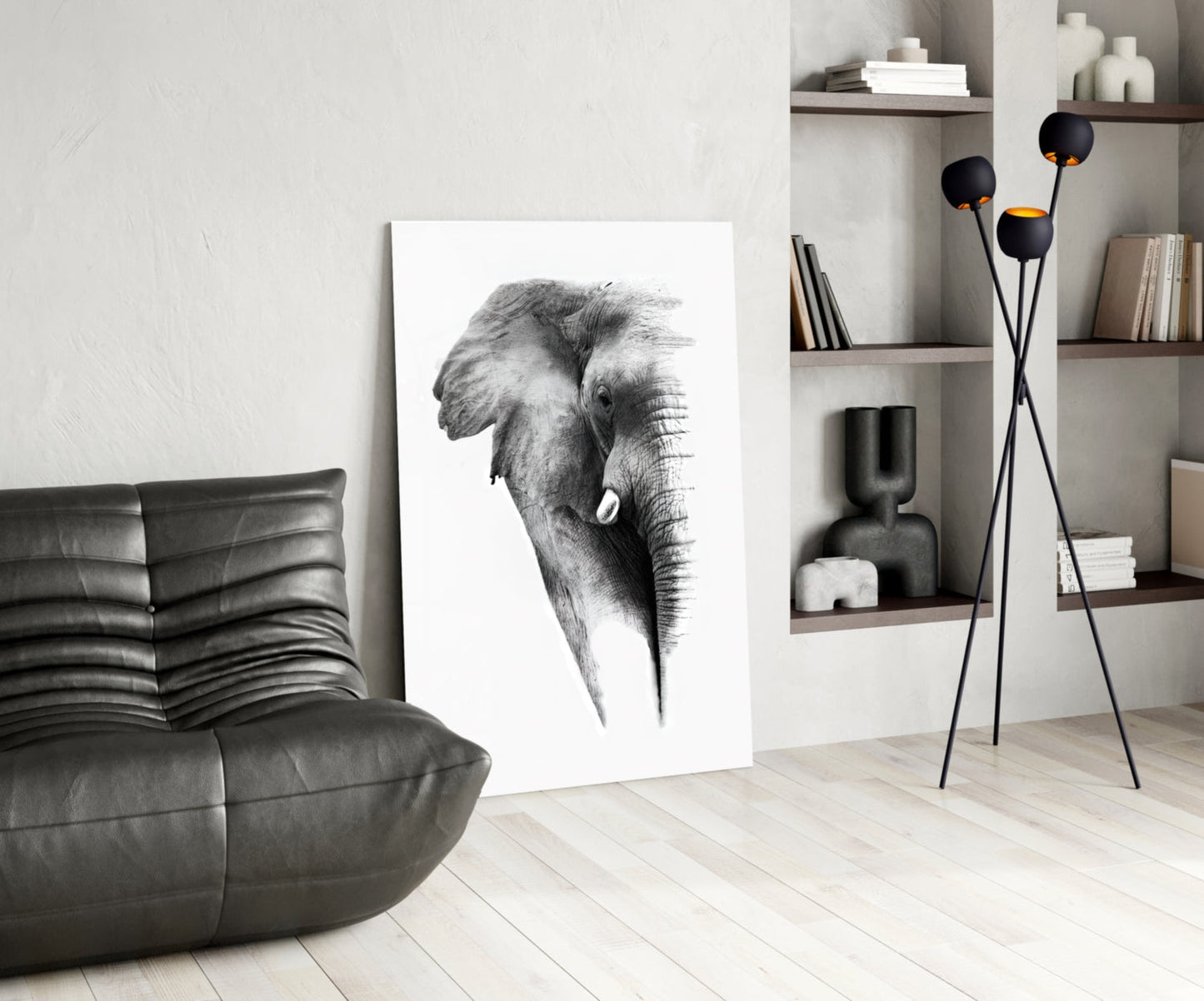 Faded Grayscale Elephant Sketch Glass Wall Art