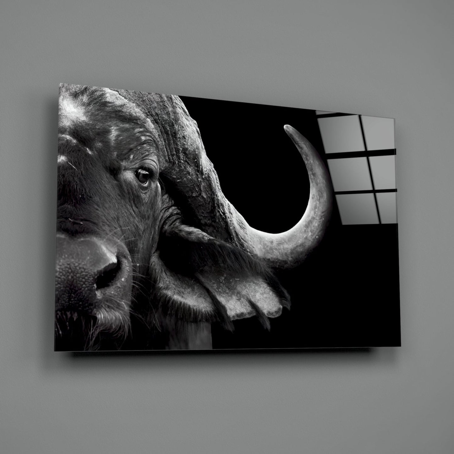 Black and white bison head profile mounted on frosted glass panel with grid pattern, angled three-quarter view.