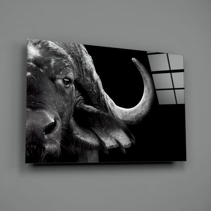 Black and white bison head profile mounted on frosted glass panel with grid pattern, angled three-quarter view.
