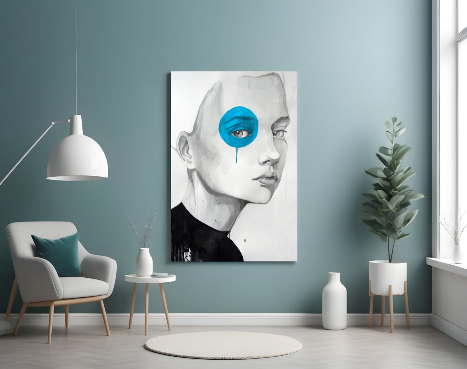 Modern interior room featuring a minimalist portrait canvas with a grayscale face and bright blue circular eye detail.