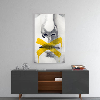 Yellow Tape Cross Over Sketched Lips Glass Wall Art