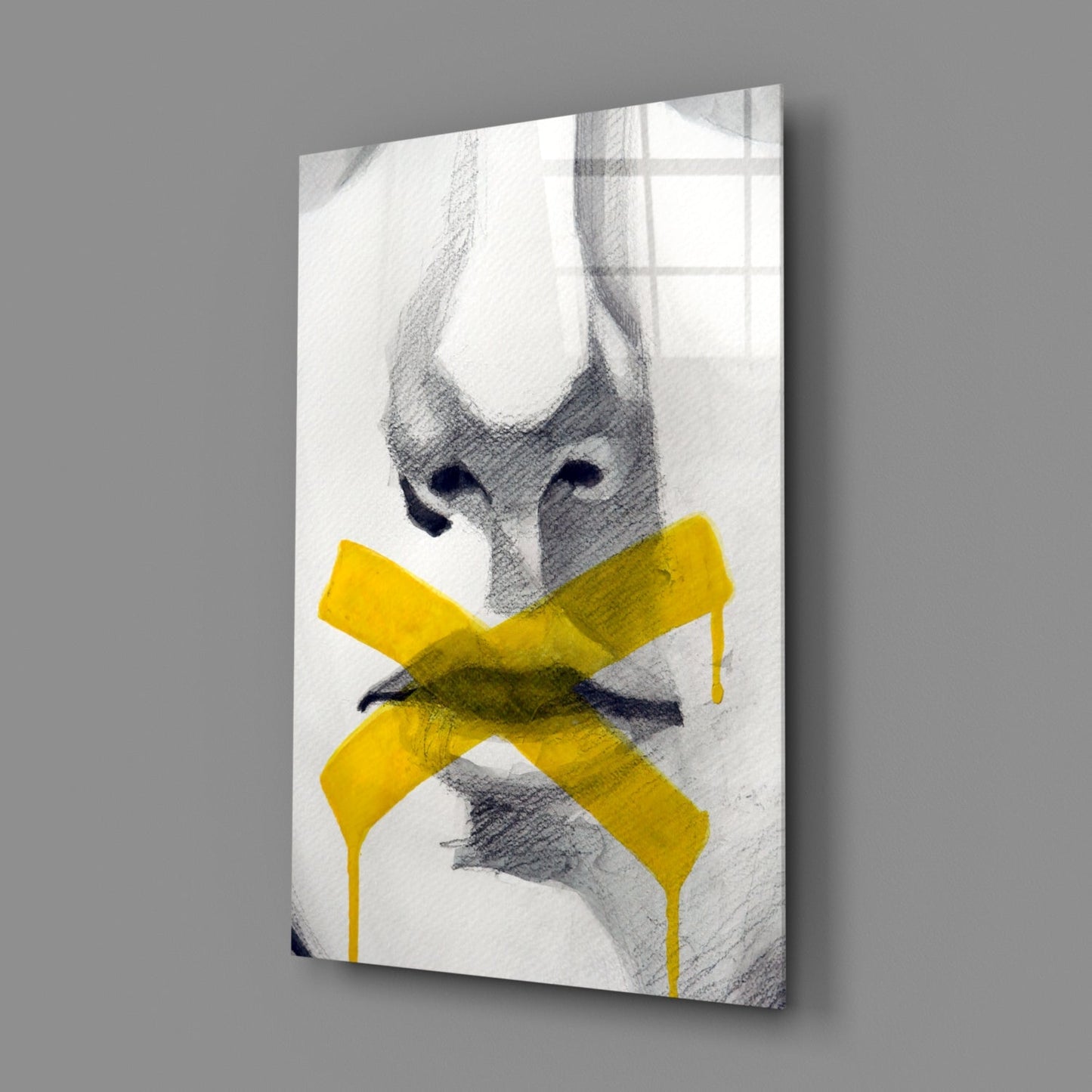 Yellow Tape Cross Over Sketched Lips Glass Wall Art
