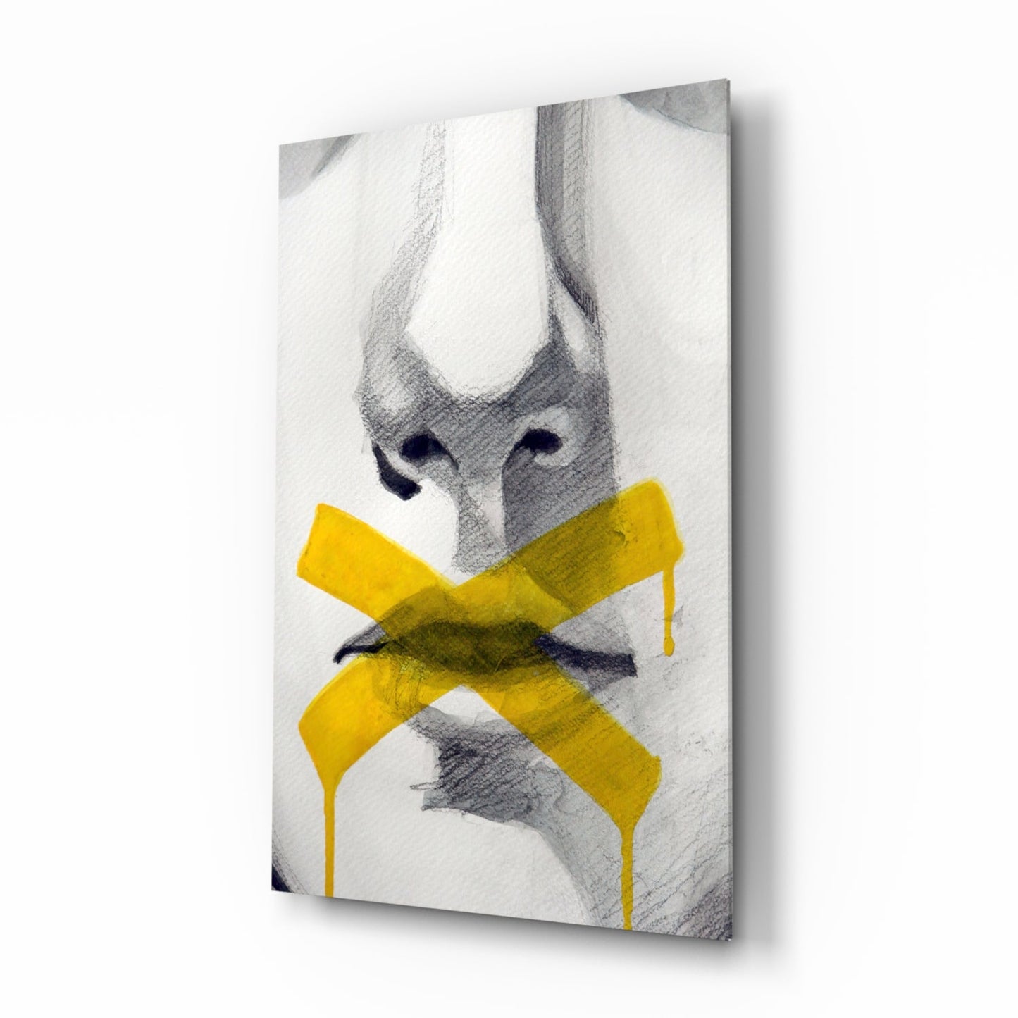 Yellow Tape Cross Over Sketched Lips Glass Wall Art