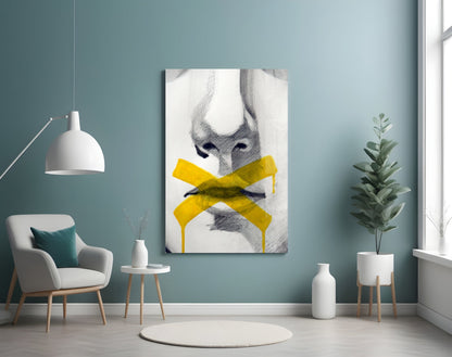Yellow Tape Cross Over Sketched Lips Glass Wall Art
