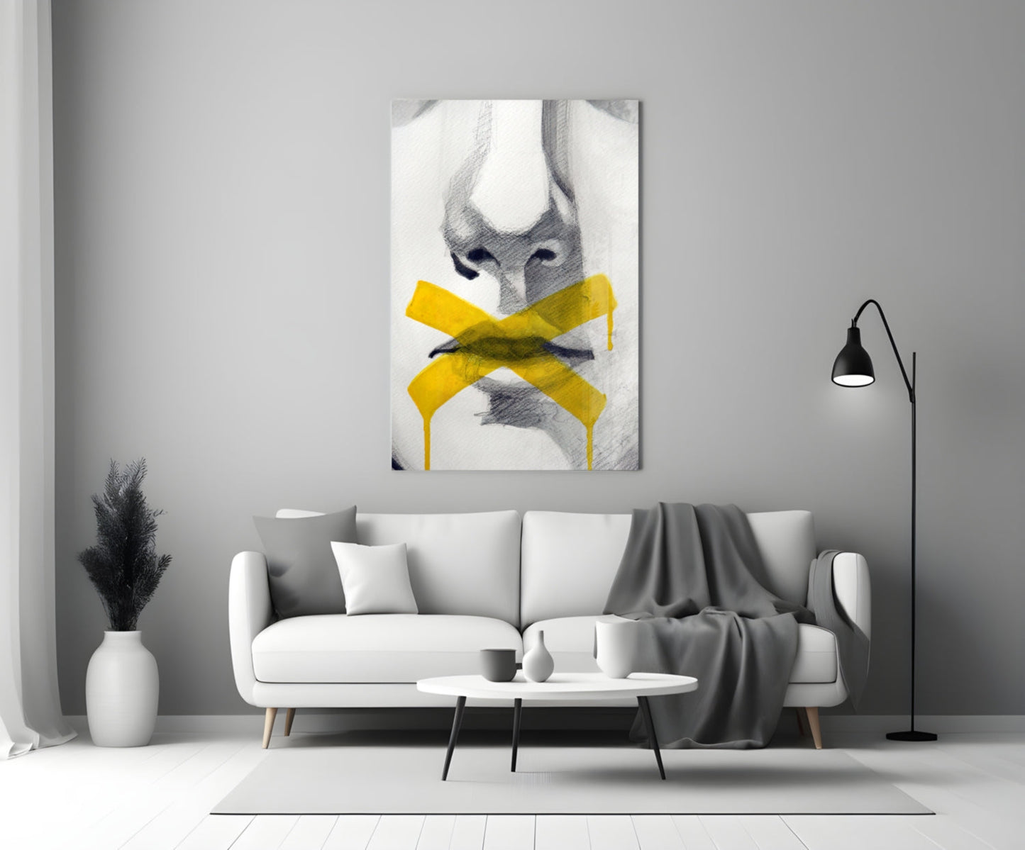 Yellow Tape Cross Over Sketched Lips Glass Wall Art
