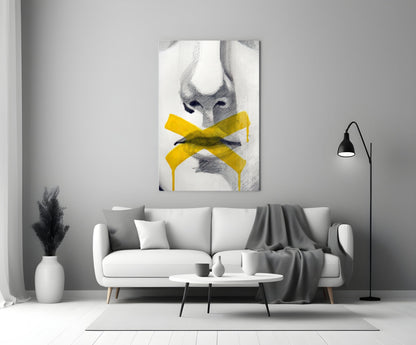Yellow Tape Cross Over Sketched Lips Glass Wall Art