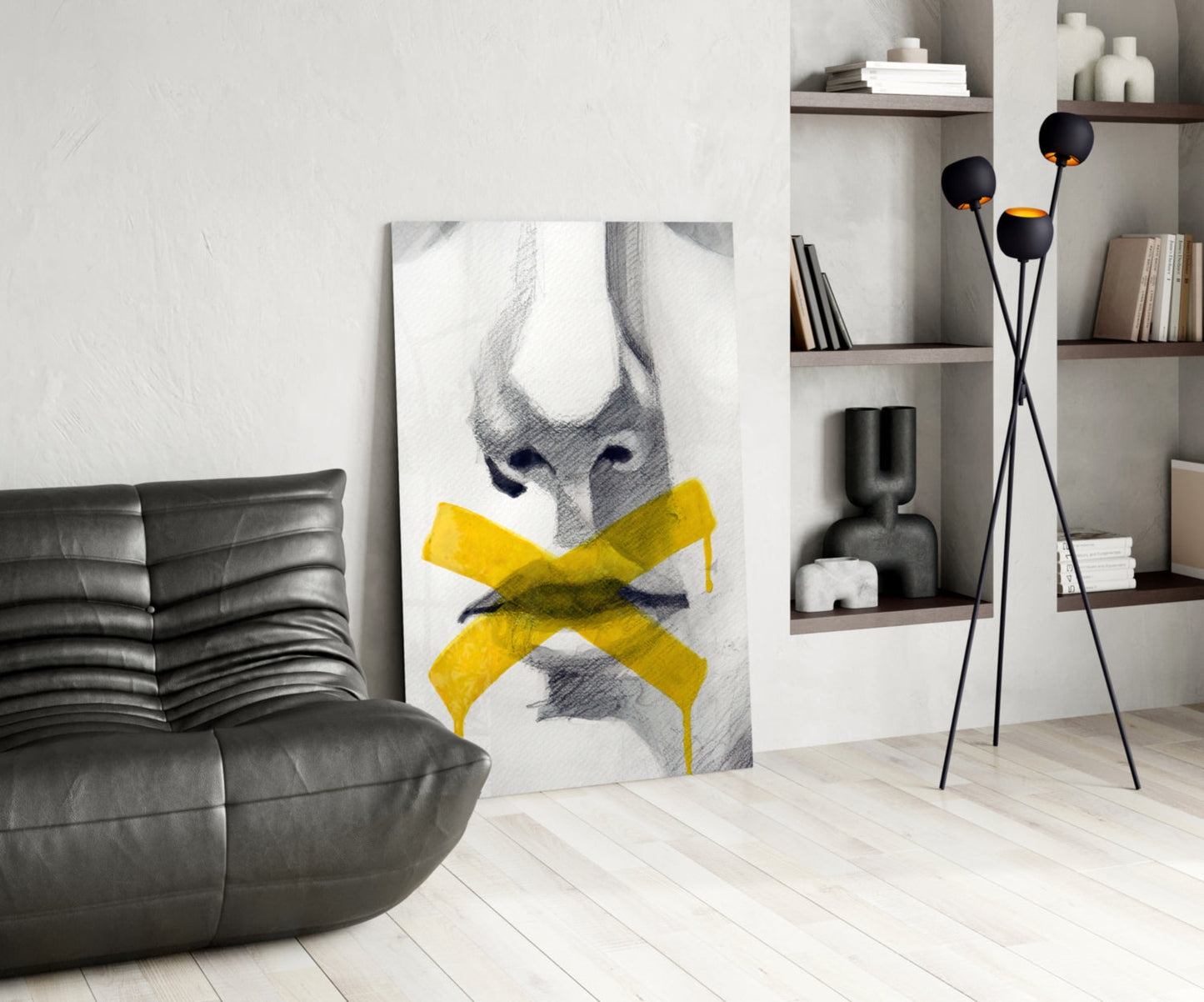 Yellow Tape Cross Over Sketched Lips Glass Wall Art
