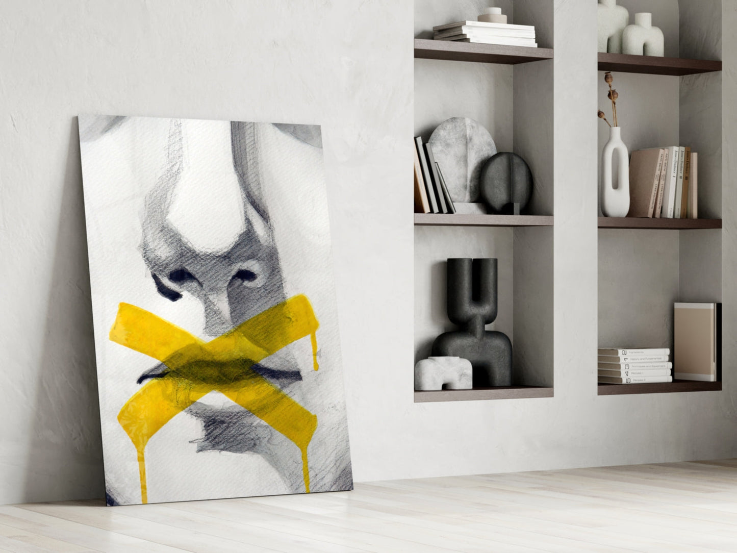 Yellow Tape Cross Over Sketched Lips Glass Wall Art