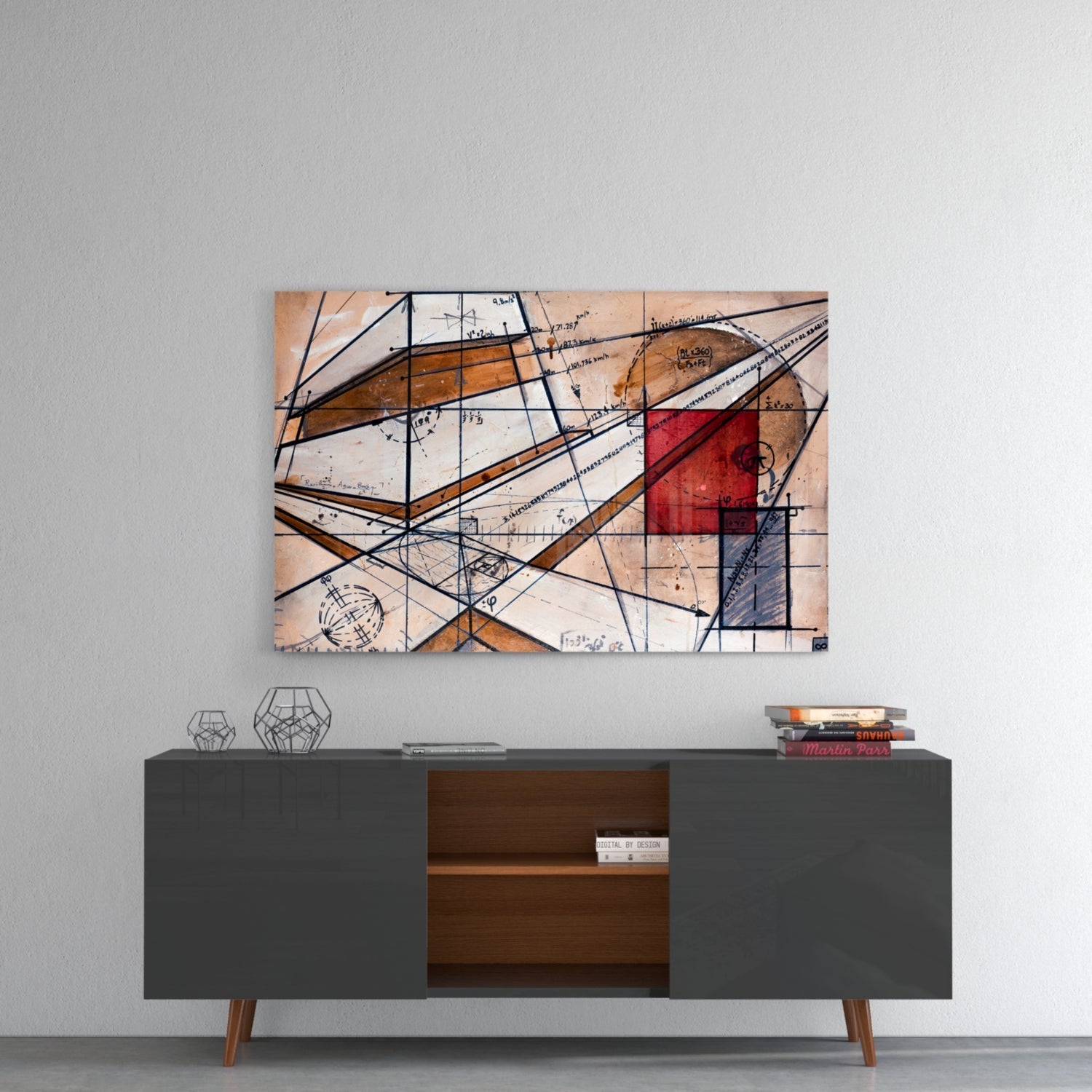 Abstract glass wall art with geometric lines, architectural sketches, and red and blue colored blocks displayed above a mid-century modern console table.