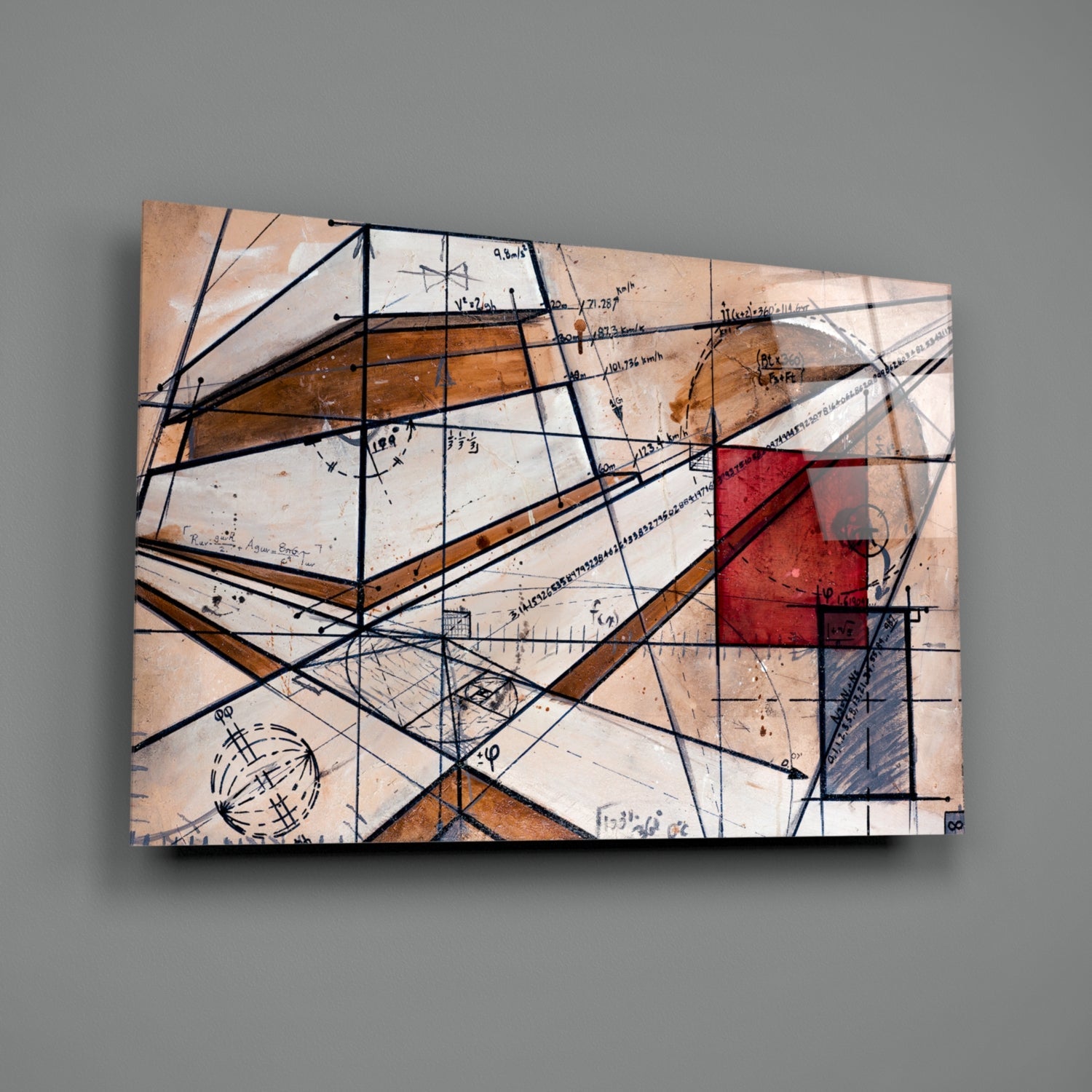 Abstract glass wall art featuring overlapping geometric lines, architectural sketches, and mathematical notations in black ink with rust, cream, and red accent panels.
