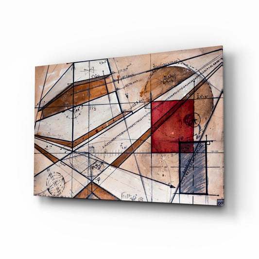 Abstract glass wall art featuring geometric lines, mathematical equations, and color blocks in brown, red, blue, and cream on textured background.