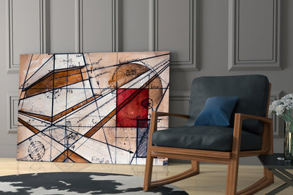 Abstract glass wall art with geometric lines, red and brown tones, and handwritten text displayed in modern living room setting.