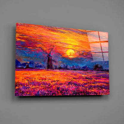 Windmill Purple Field Sunset Glass Wall Art