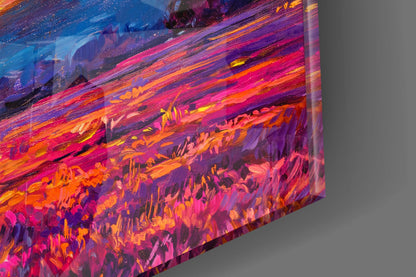 Windmill Purple Field Sunset Glass Wall Art