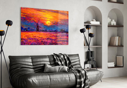 Windmill Purple Field Sunset Glass Wall Art
