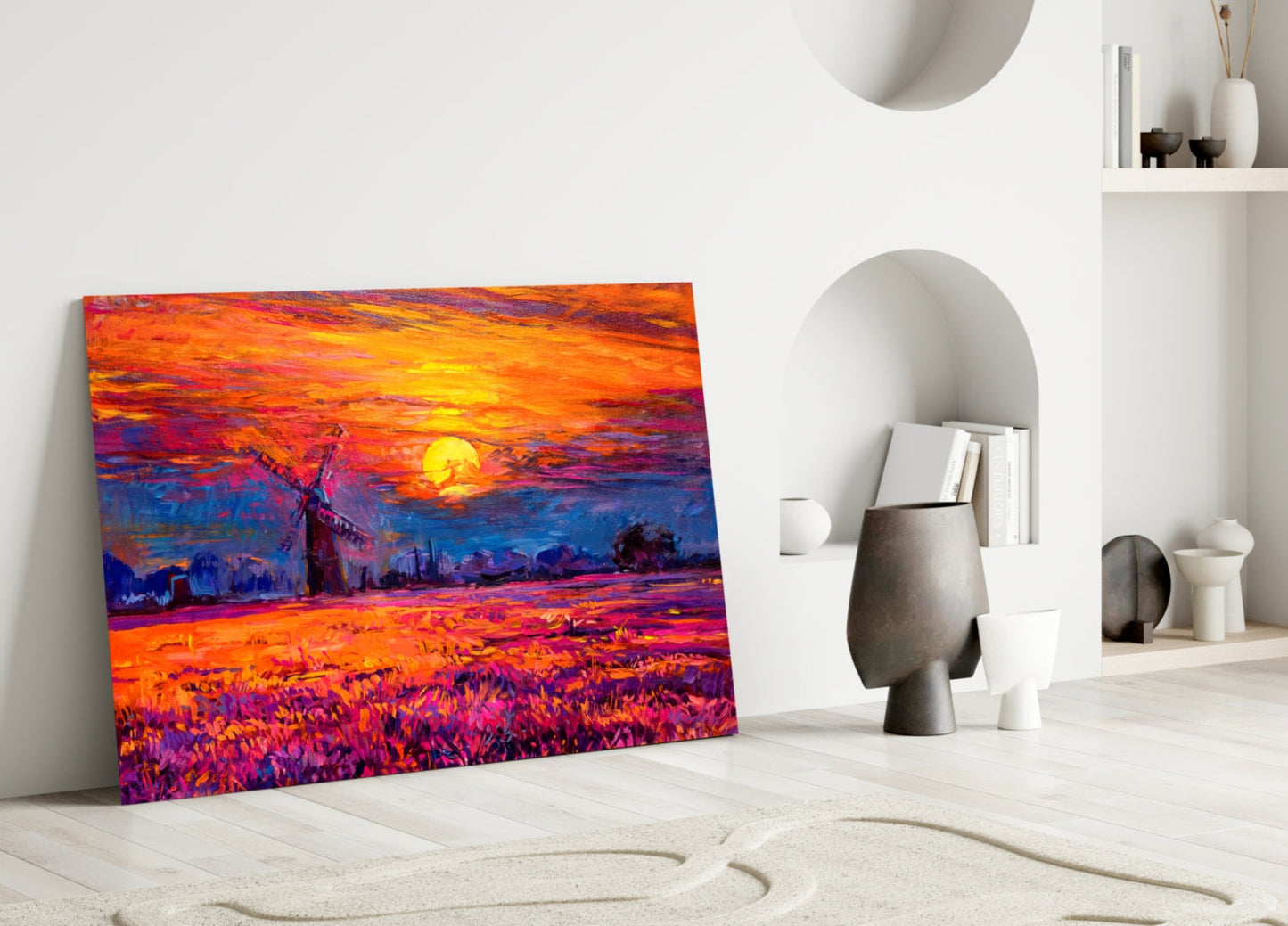 Windmill Purple Field Sunset Glass Wall Art
