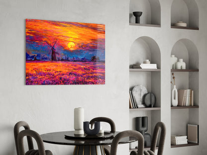 Windmill Purple Field Sunset Glass Wall Art