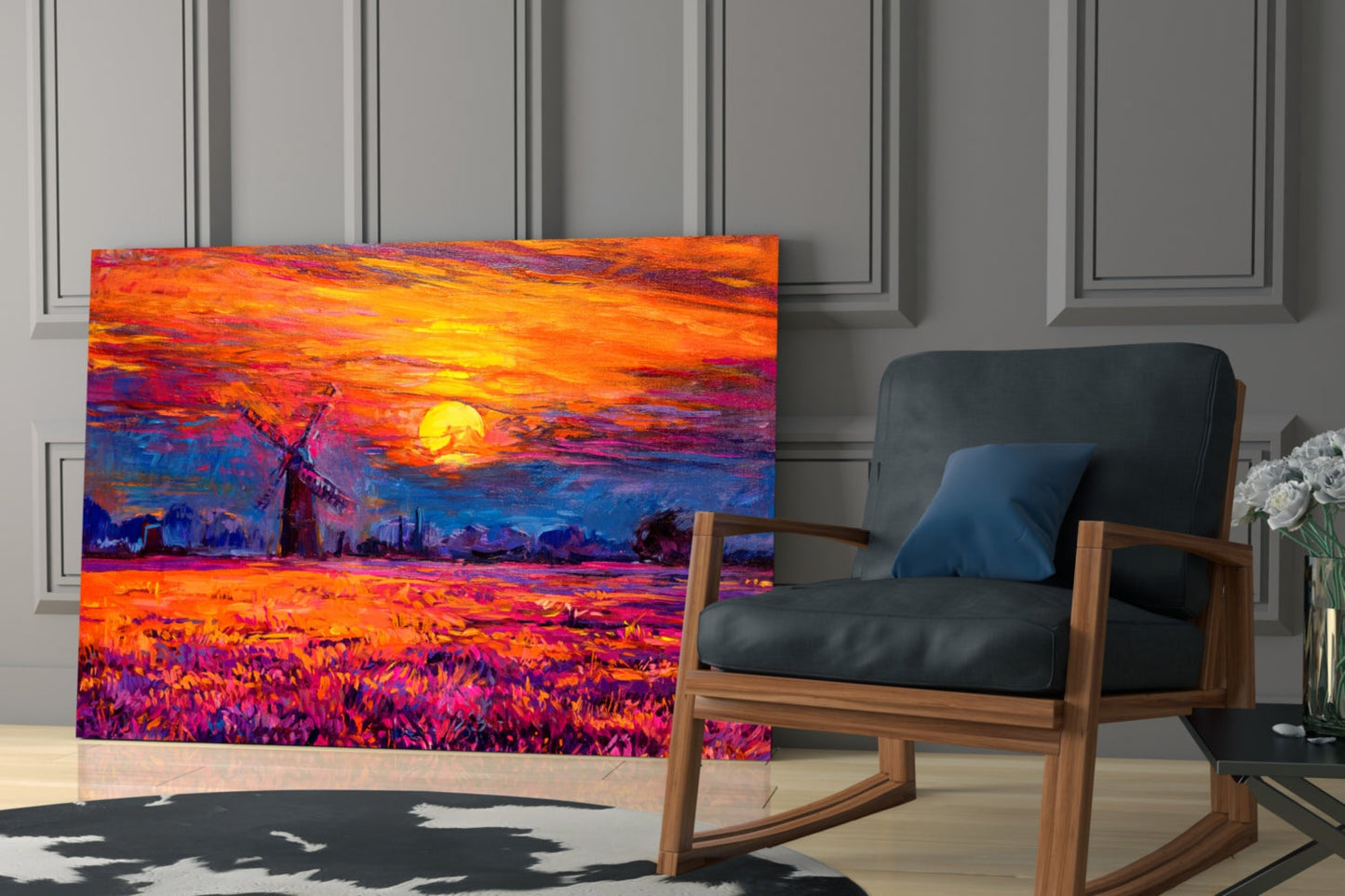 Windmill Purple Field Sunset Glass Wall Art