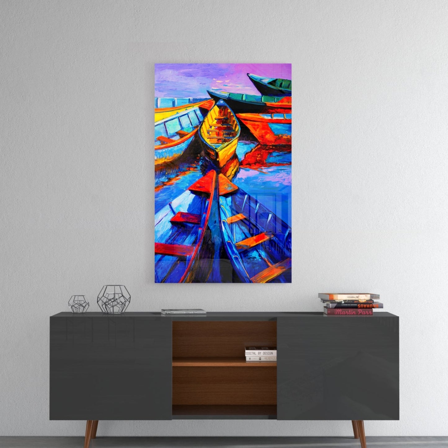 Vivid Blue and Red Painted Rowboats Glass Wall Art