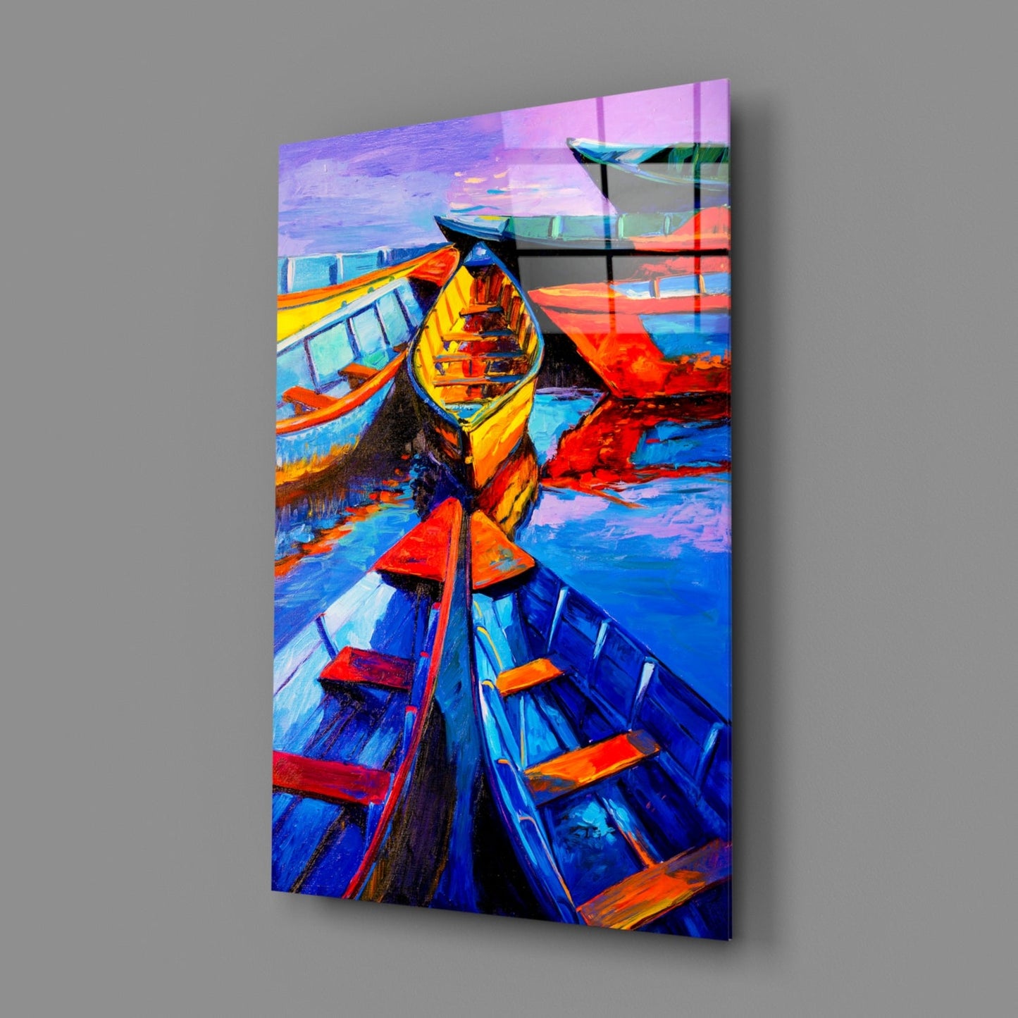 Vivid Blue and Red Painted Rowboats Glass Wall Art