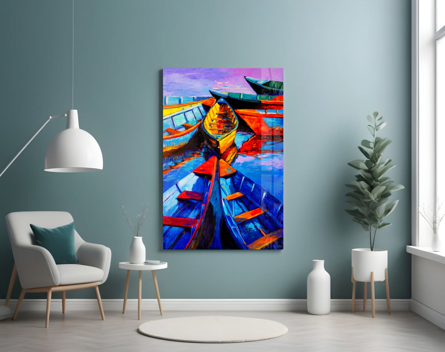 Vivid Blue and Red Painted Rowboats Glass Wall Art