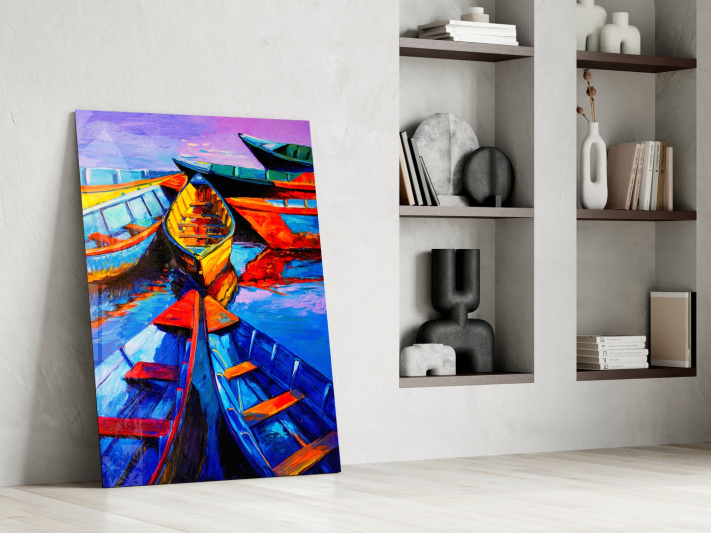 Vivid Blue and Red Painted Rowboats Glass Wall Art