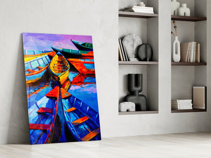 Vivid Blue and Red Painted Rowboats Glass Wall Art