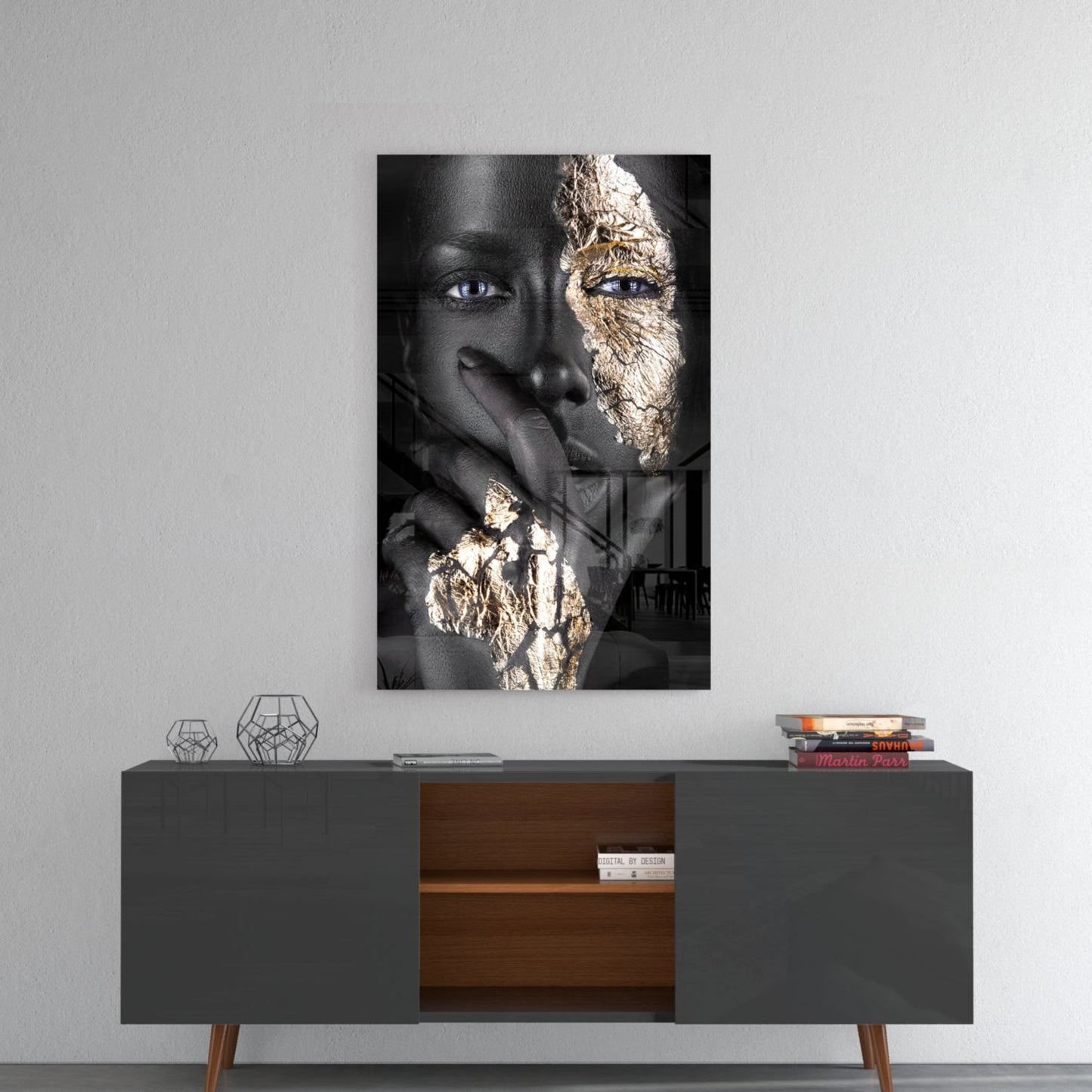 Cracked Gold Half Face Glass Wall Art