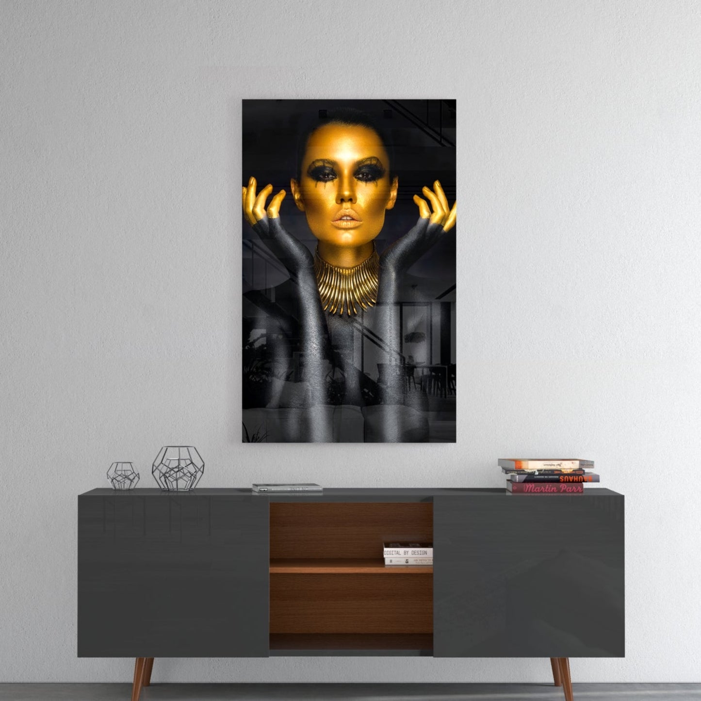 Gold Face Spike Necklace Woman Glass Wall Art