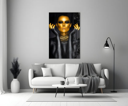 Gold Face Spike Necklace Woman Glass Wall Art