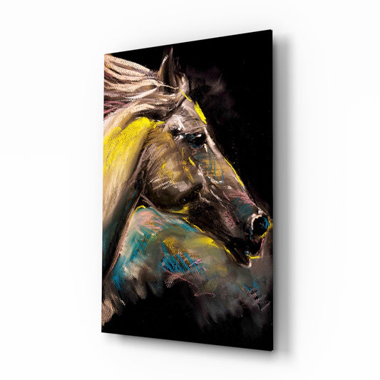 Angled product display of a glass wall art panel showing a horse's head in profile with yellow, blue, and brown pastel colors against black background.