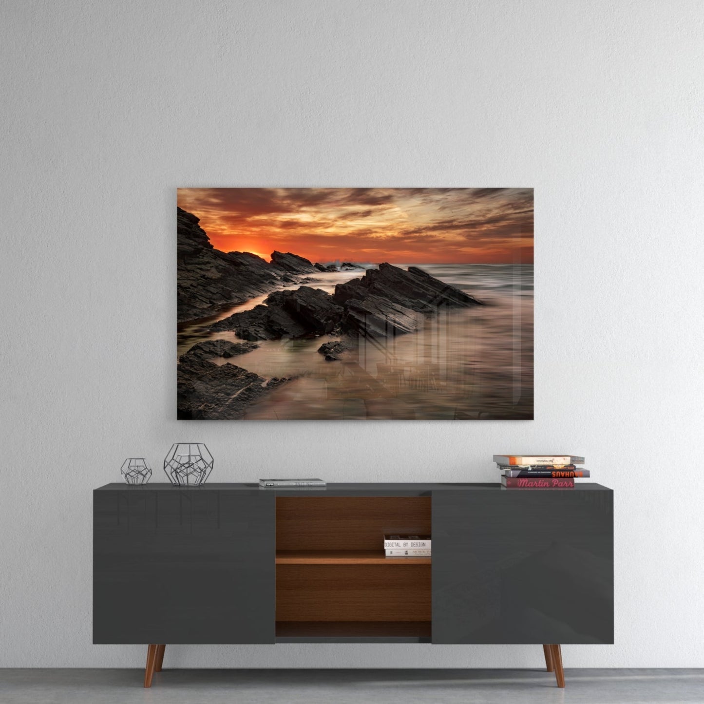Fiery Sunset Rocky Coast Waves Glass Wall Art