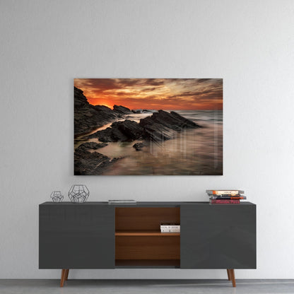Fiery Sunset Rocky Coast Waves Glass Wall Art