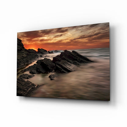 Fiery Sunset Rocky Coast Waves Glass Wall Art