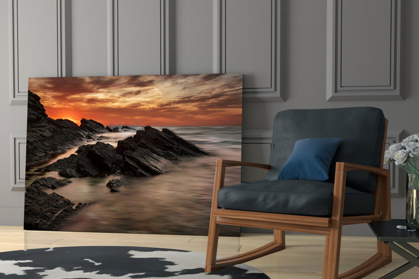 Fiery Sunset Rocky Coast Waves Glass Wall Art