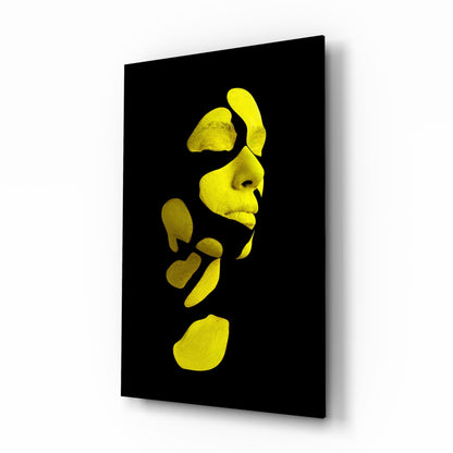 Yellow Fragmented Face on Black Glass Wall Art
