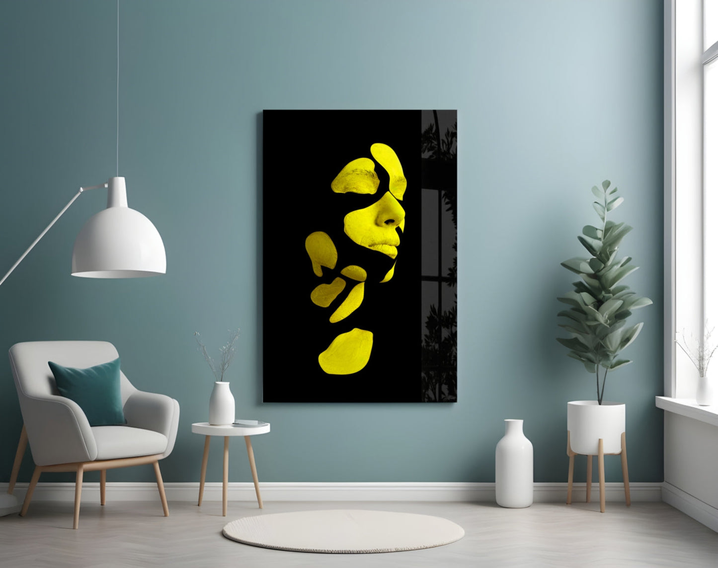 Yellow Fragmented Face on Black Glass Wall Art