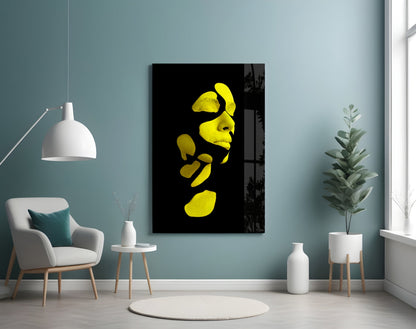 Yellow Fragmented Face on Black Glass Wall Art