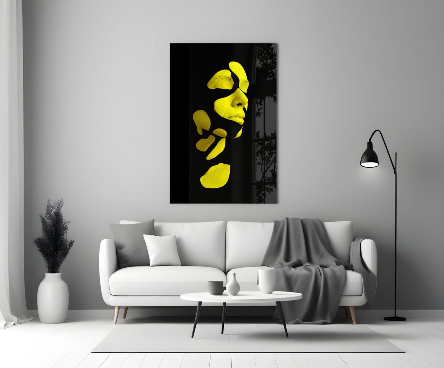 Yellow Fragmented Face on Black Glass Wall Art