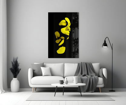 Yellow Fragmented Face on Black Glass Wall Art